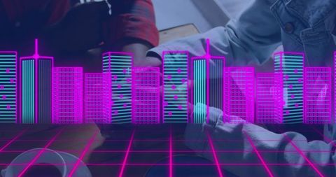 Stylish digital neon cityscape projection on table surface