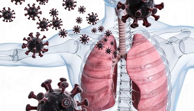 Transparent torso depicting lungs and trachea surrounded by viral particles