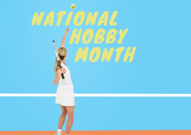 Digital composite image of national hobby month text with sportswoman playing tennis. symbol and sports.
