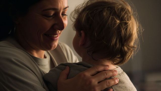 Warm embrace between caregiver and toddler in soft light, tender parenting moment
