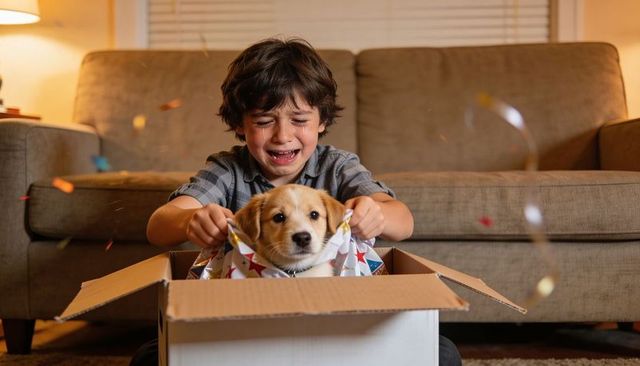 Crying boy unwrapping surprise puppy in cozy living room