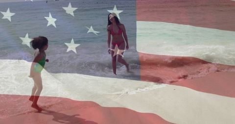 Mother and Daughter Enjoying Beach with USA Flag Overlay