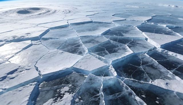 Fractured polar sea ice revealing polygonal floes, deep fissures and melt hole