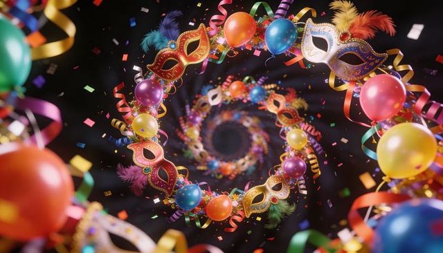 Spiraling masquerade tunnel featuring ornate masks balloons ribbons celebrating carnival