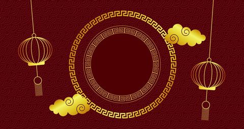 Golden Chinese Lanterns and Ornate Circles on Red Background