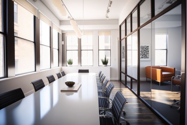 This image shows a modern conference room with a long white table surrounded by black executive chairs. The room has large windows letting in plenty of natural light and glass walls that offer a view into an adjacent office area with a stylish orange chair. Ideal for business-related content such as websites, brochures, and presentations highlighting corporate office environments, professional meeting spaces, and modern workspaces.