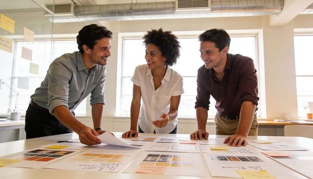 Creative team collaborating over layout mockups at bright modern office table