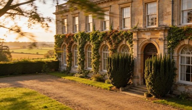 Georgian manor facade glowing in golden hour with ivy-clad arches and country driveway