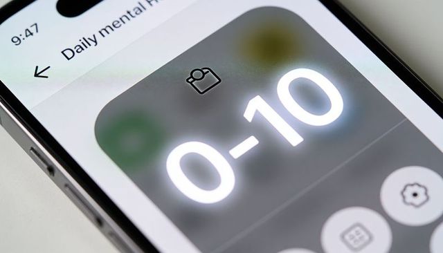 Close-up smartphone wellness widget showing 0-10 mood scale with glowing sleek ui controls