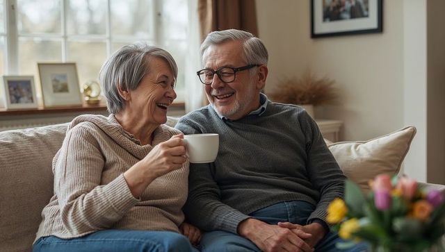 Smiling Senior Couple Enjoying Coffee Together in Cozy Living Room