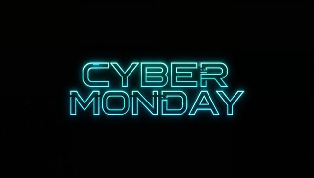 Glowing cyan cyber monday neon sign with futuristic squared font and pixel gaps
