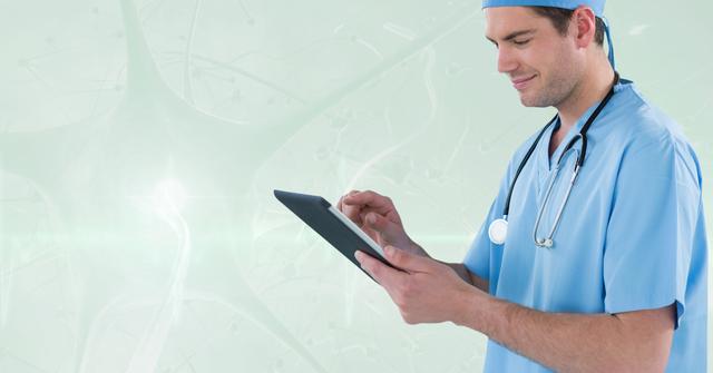 Digital composite of Happy doctor working with his tablet