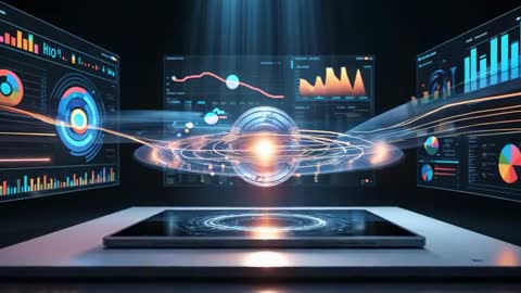 Futuristic Data Interface with Orb Projection in Technology Hub