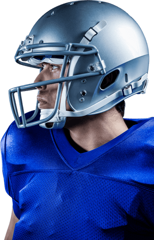 Side view of football player wearing bright helmet on transparent background