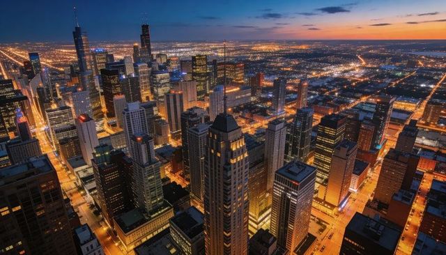 Aerial glowing metropolis at dusk with illuminated skyscrapers and glowing street grid
