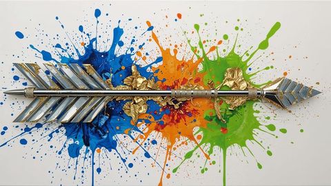 Modern mixed media arrow in tricolor paint