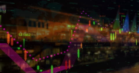 Abstract Global Stock Market Analysis with Cityscape Overlay