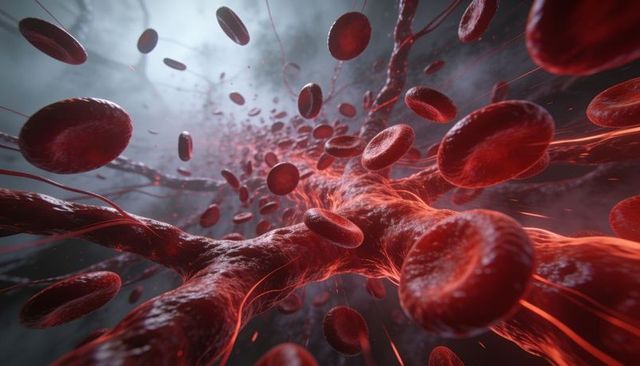 Flowing red blood cells moving through microcapillary with fibrin strands and clotting