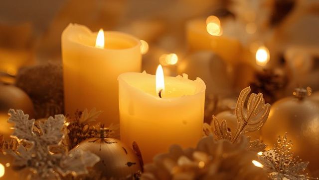 Warm ivory candlelight holiday centerpiece with gold ornaments and flickering flames