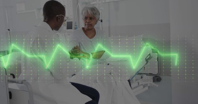 Nurse Assisting Patient in Modern Hospital with Heart Rate Monitor Overlay - Download Free Stock Images Pikwizard.com