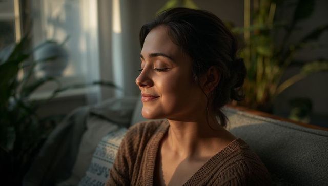 Sunlit woman relaxing on sofa in cozy brown v-neck sweater home portrait for wellness