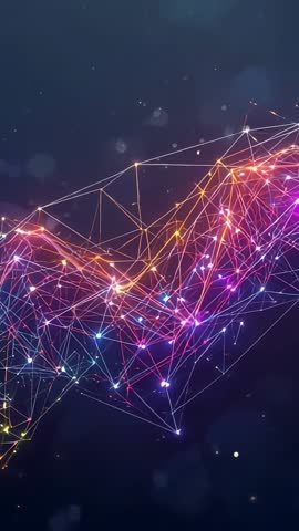 Vertical neon network animation forming glowing triangular mesh with drifting particles