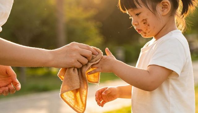 Caregiver wiping muddy face of toddler in sunlit park during golden hour