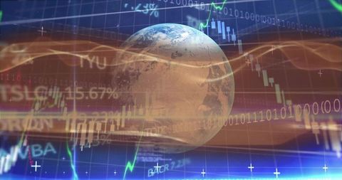 Earth Overlaying Global Market Charts and Binary Wave for Futuristic Finance Visualization