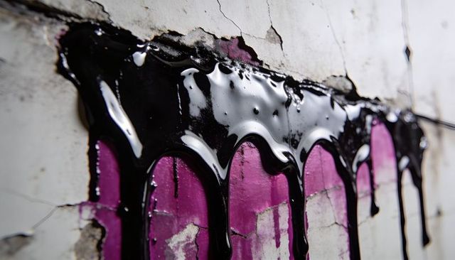 Dripping glossy black paint over distressed purple semicircles on cracked plaster mural