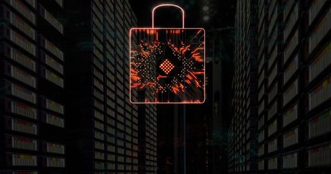 Padlock Icon with Circuit Board Overlaid on Data Servers