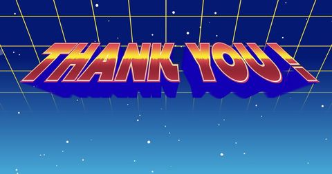 retro futuristic design featuring 'thank you!' with 1980s neon style. set against a cosmic backdrop, it suggests movement and digital evolution. ideal for expressive thank you cards, social media graphics celebrating victories, or any digital artwork requiring vibrant, nostalgic elements. adds an eye-catching, dynamic appreciation element in creative projects.