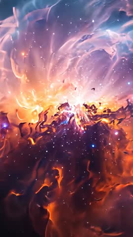 Vertical nebula zoom revealing luminous plasma filaments and drifting starfield vortex