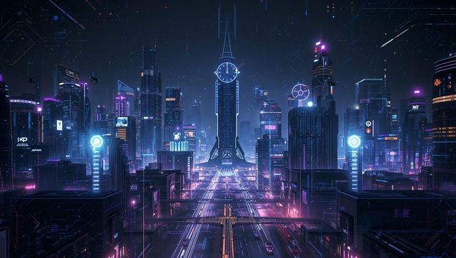 Neon cyberpunk metropolis with dominant clock spire guiding multi-lane lightways at night