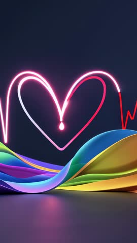 Vertical neon ECG forming heart outline over pulsing rainbow ribbons, health animation