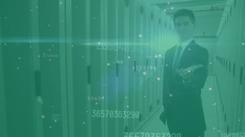 Digital Data Overlay and Businessman in Server Room Environment