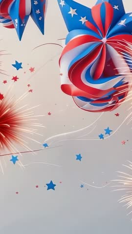 Patriotic rotating ribbon sphere and lantern vertical clip with pulsing fireworks, swirling stars
