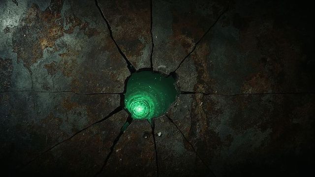 Glowing Green Vortex Through Rusted Metamorphic Surface