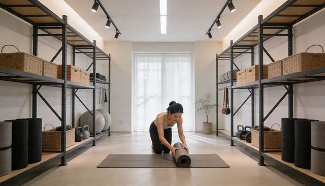 Woman rolling yoga mat in minimalist gym with shelving, kettlebells and natural light