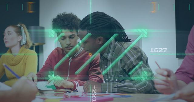 This image shows students collaborating, enhanced by an augmented reality interface overlay. Ideal for articles or content focused on futuristic education, innovative learning technologies, teamwork, or advancements in education. Perfect for use by educational institutions, tech companies, and websites covering new technologies in learning.