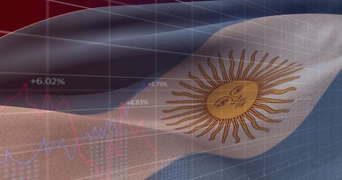 Argentinian flag overlaid with financial graphs indicating economic trends