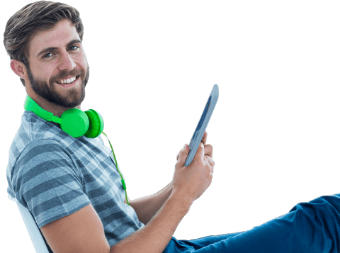 caucasian man smiling while using tablet on transparent background - Download Free Stock Videos Pikwizard.com