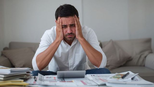Man stressed over home finances with overdue bills