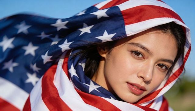 Asian woman wrapped in american flag hood gazing confidently in golden sunlight