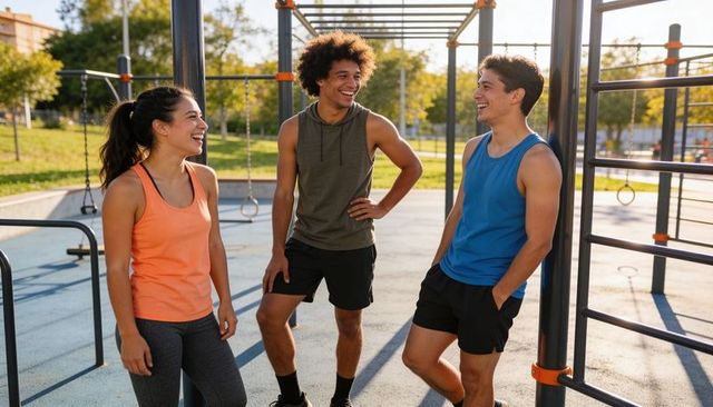 Sunlit outdoor calisthenics trio laughing during bodyweight workout at urban fitness park