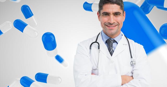 Smiling doctor standing with arms crossed, surrounded by floating blue and white capsules. Ideal for use in healthcare, medical, pharmaceutical, and wellness-related content. Perfect for illustrating medical expertise, healthcare services, and pharmaceutical promotions.