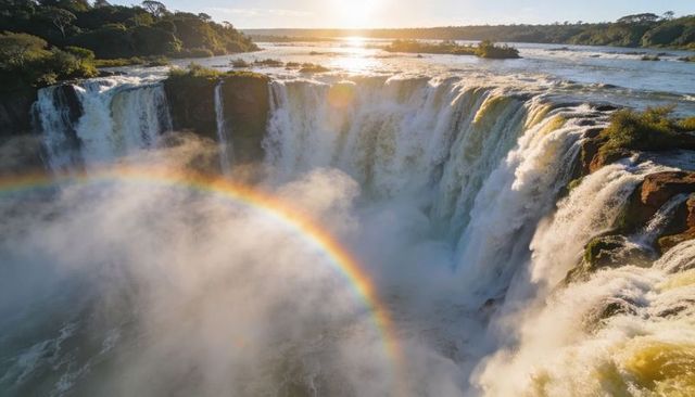 Plunging multi-channel waterfall forming vivid rainbow arc over river gorge at sunrise