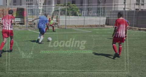 Diverse Football Team Action with Digital Interface Overlay