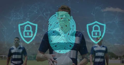 Athlete with Rugby Ball and Digital Security Overlay on Sunny Field