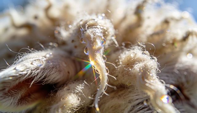 Glistening seed cluster revealing filaments with dew and prismatic rainbows