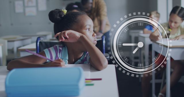 Image of clock over bored african american schoolgirl at desk in class. School, education, childhood and learning, digitally generated image.